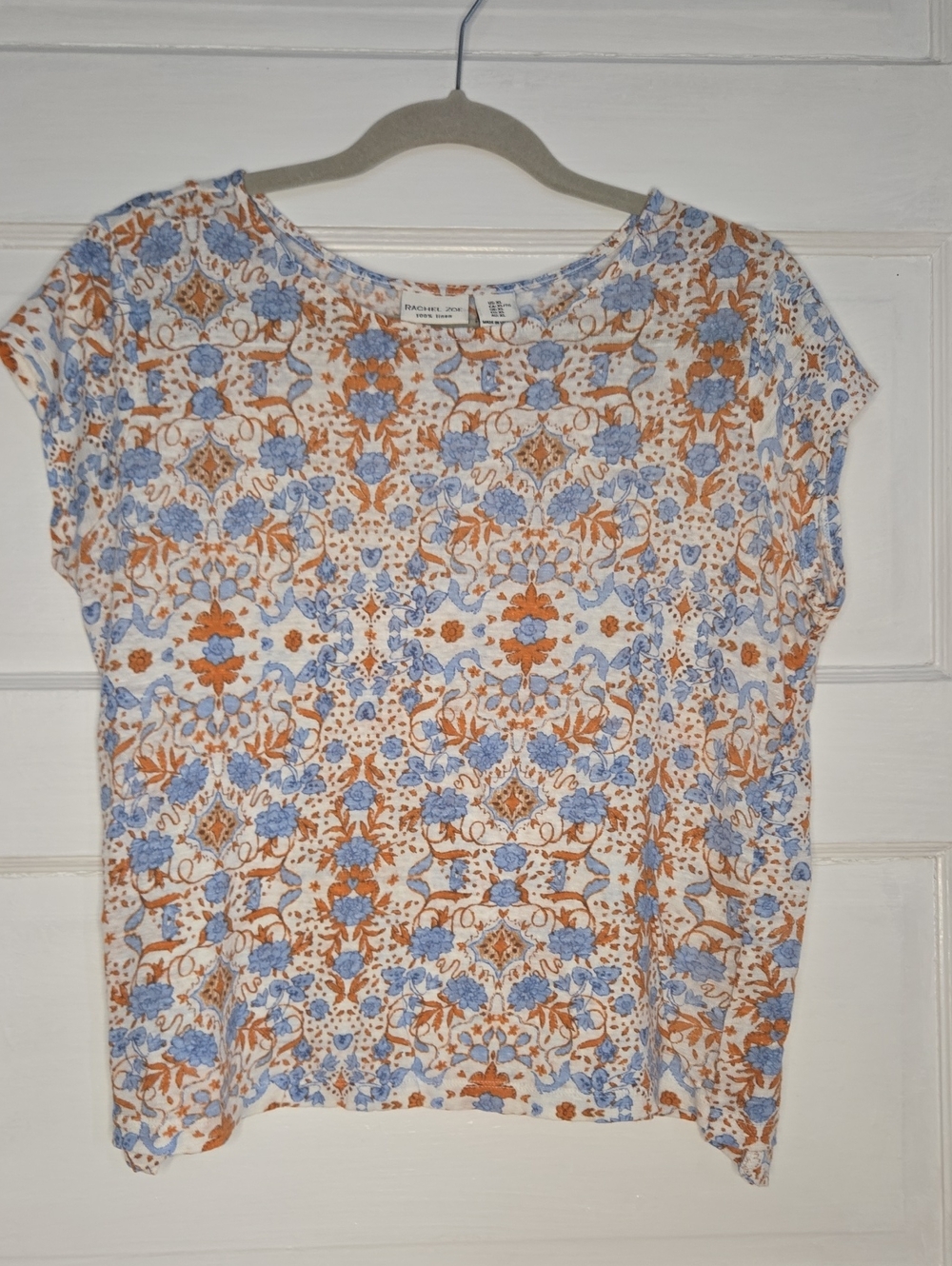 Rachel Zoe Floral Linen Short Sleeve Top Blue & Orange XL_144